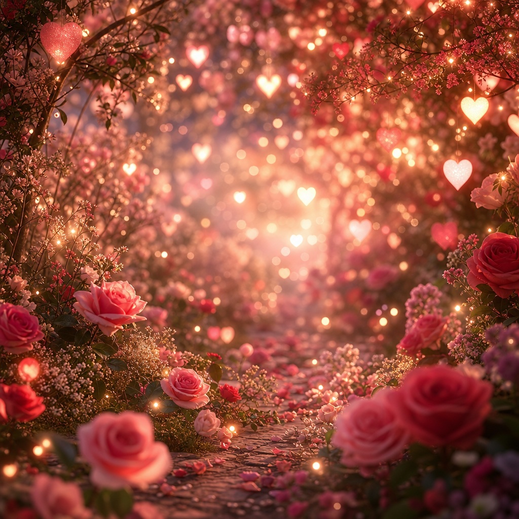 Blush pink roses and glowing heart-shaped lights in a romantic garden bokeh scene