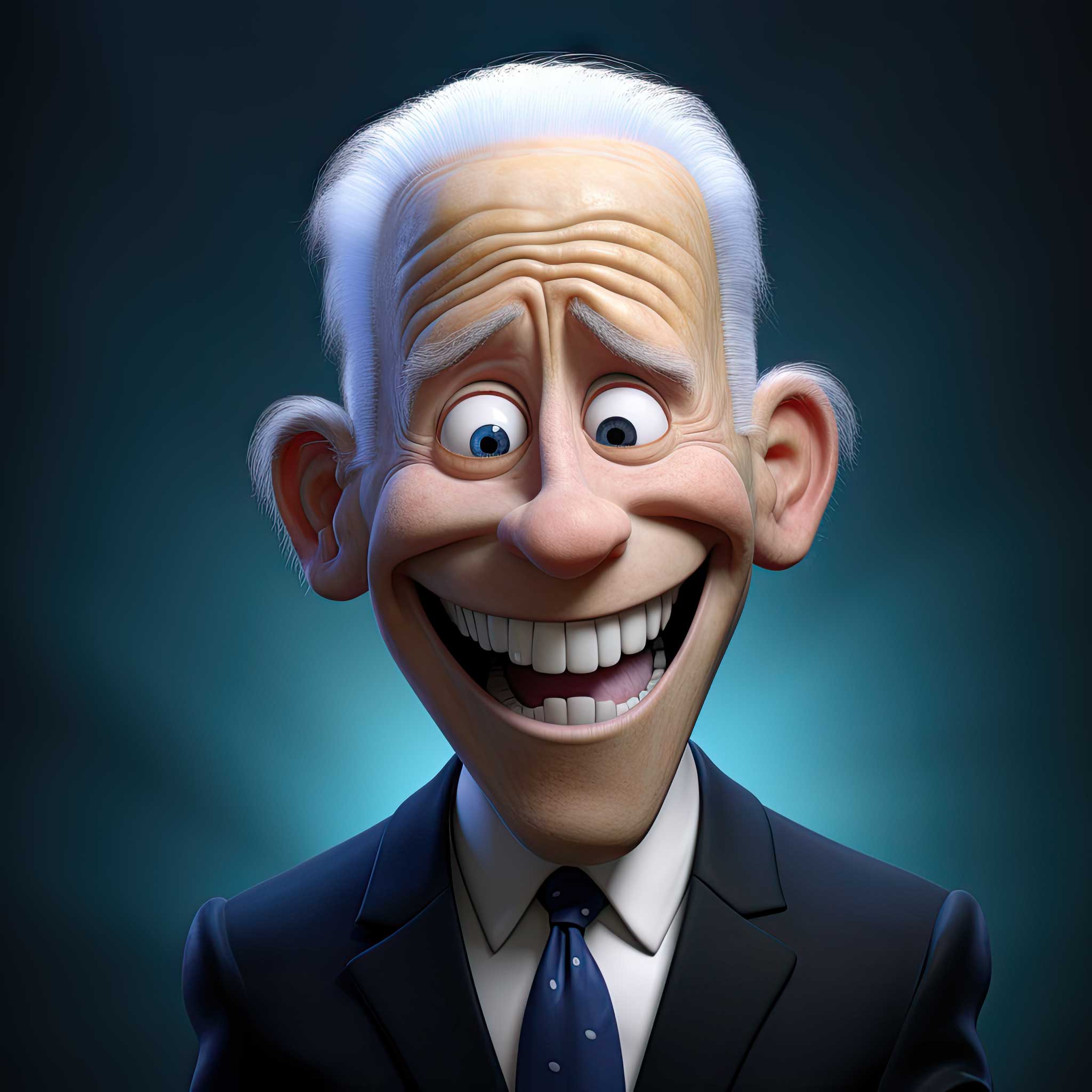 Smiling cartoon man in a dark business suit with white hair on a dark background