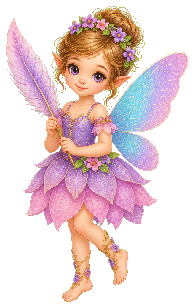 Cute fairy girl in a flower dress holding a feather with pastel butterfly wings