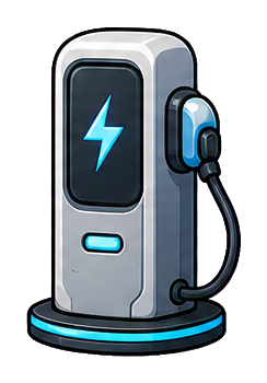 A small robot docked at a glowing charging station with a cable attached.