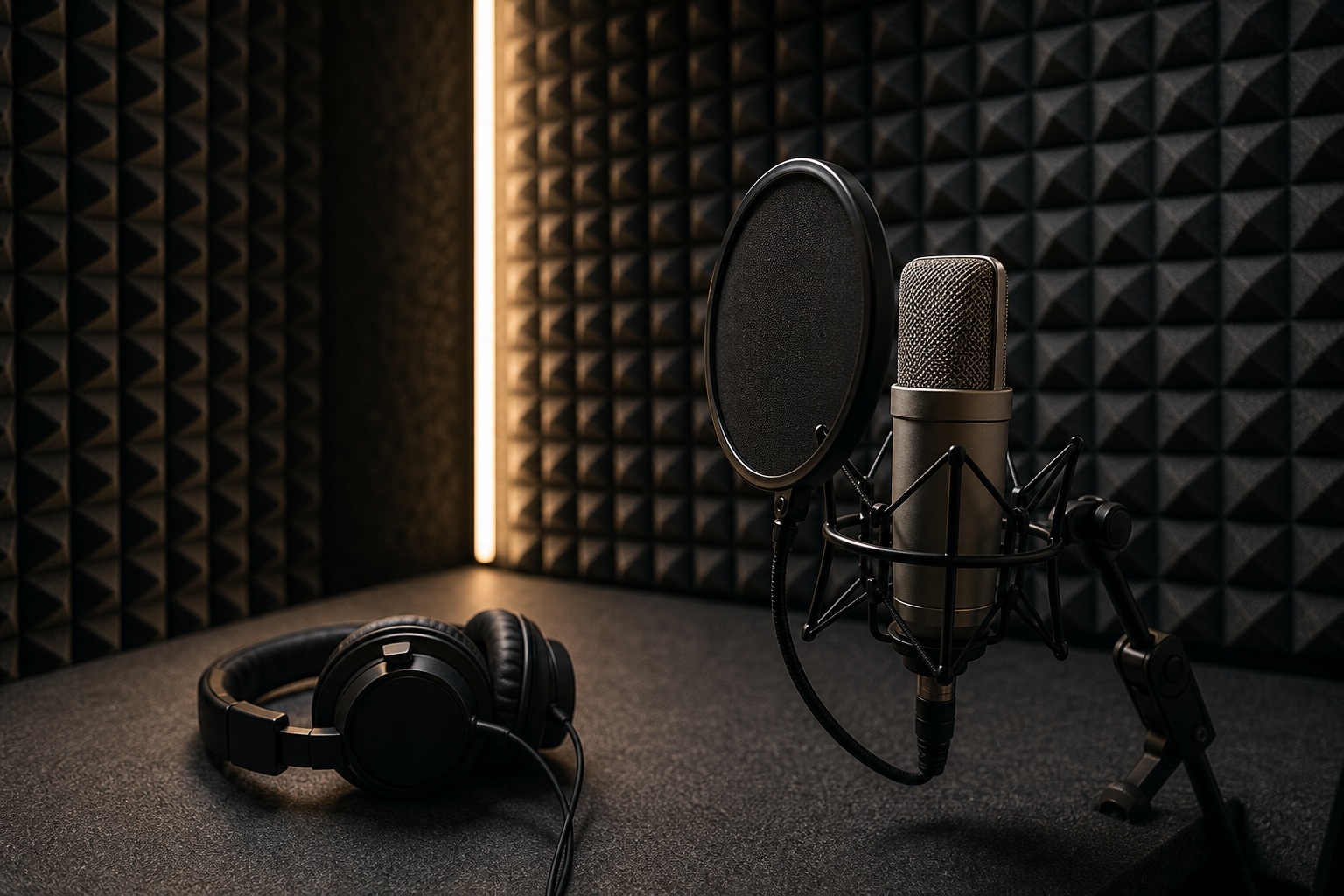 Microphone with pop filter and headphones in a dark acoustic recording booth