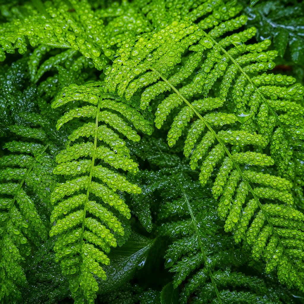 Close-up of bright green fern leaves covered in rain droplets and dew.
