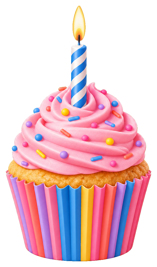 Pink frosted cupcake with sprinkles and a lit striped birthday candle