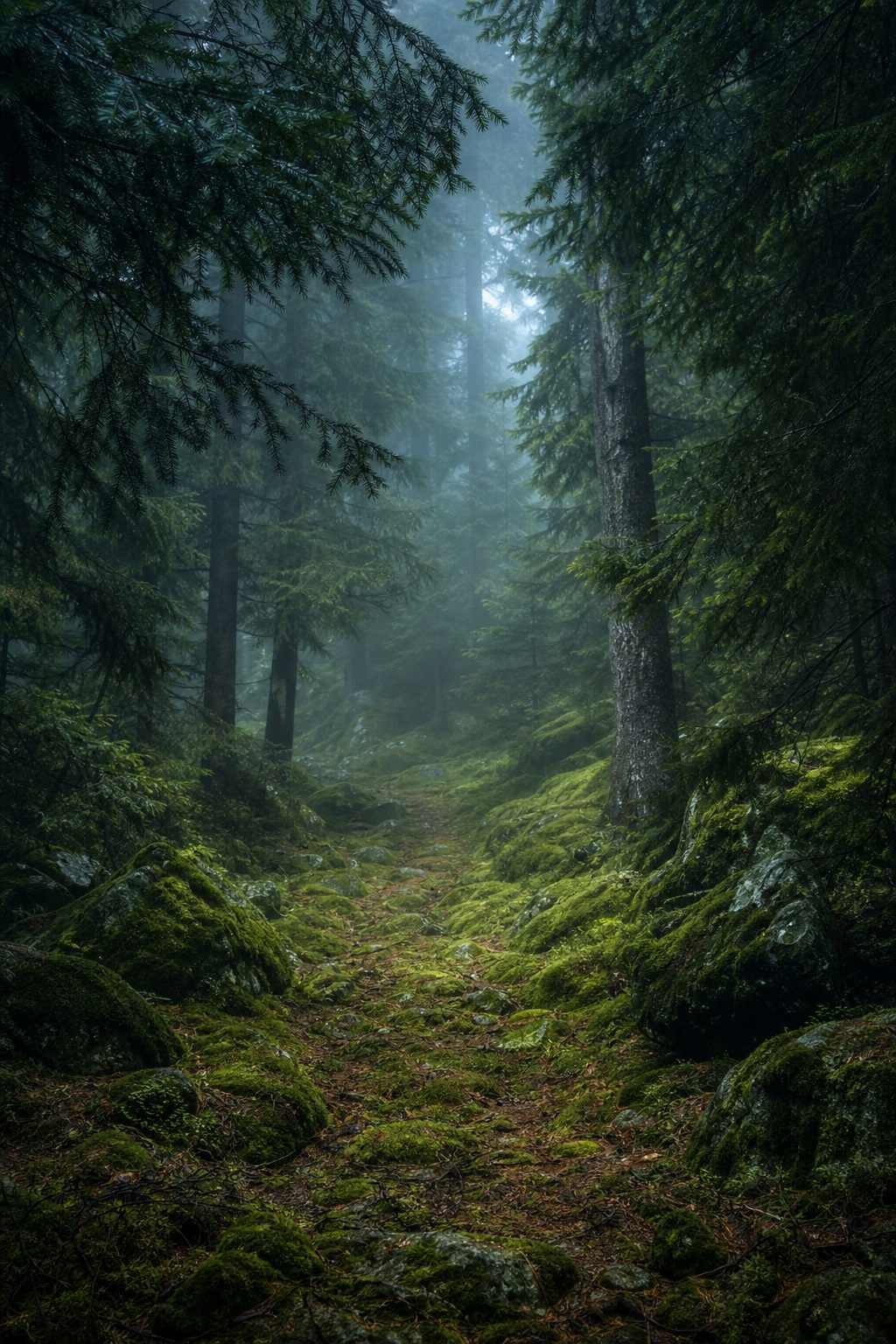 Foggy forest path winding through tall spruce trees and mossy green undergrowth