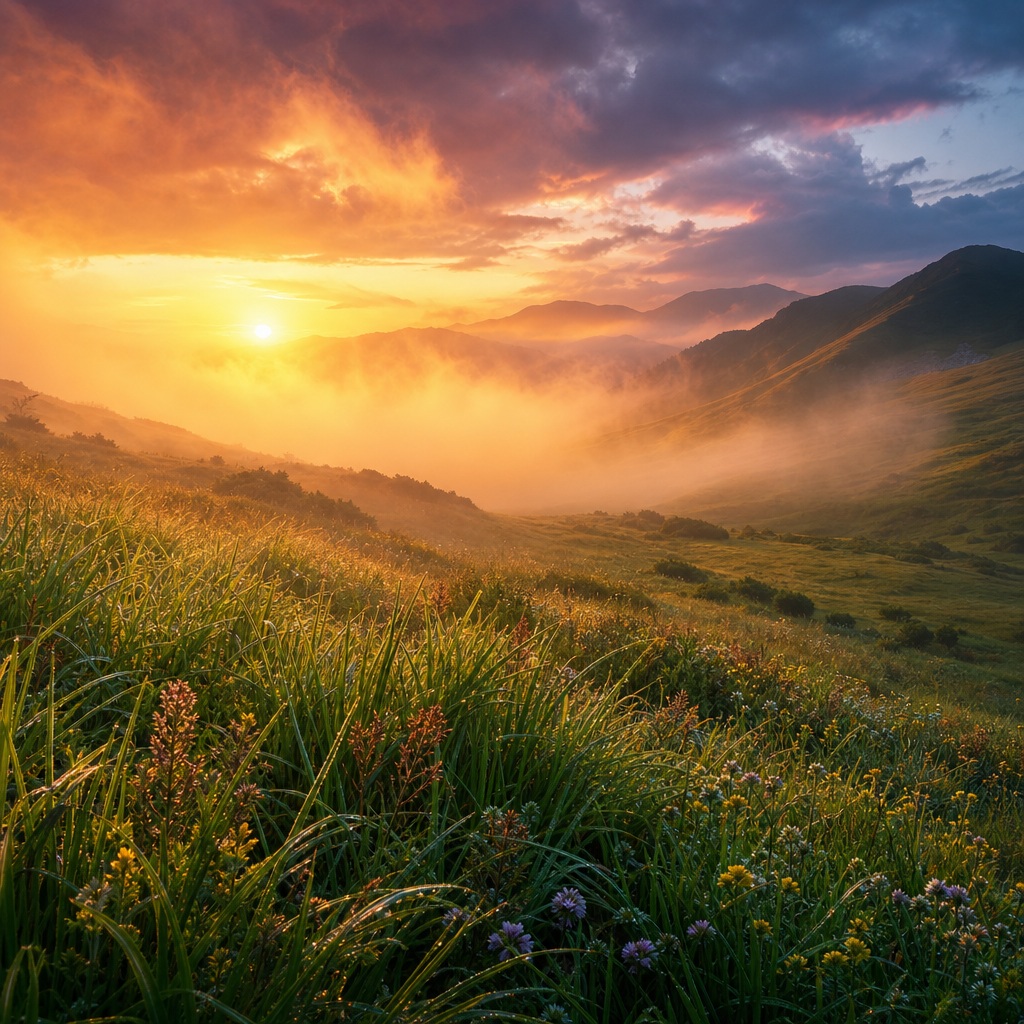 Sunrise light over a foggy meadow with grassy hills and distant mountains
