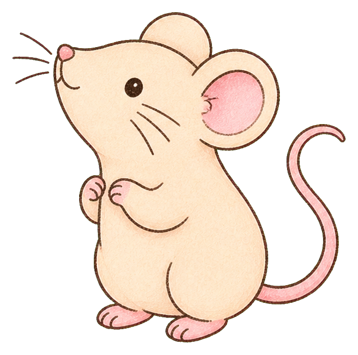 Cute cream-colored mouse sticker sniffing with pink ears, tail, and tiny paws.