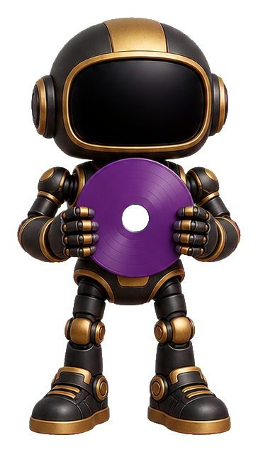 Black and gold robot holding a purple vinyl record