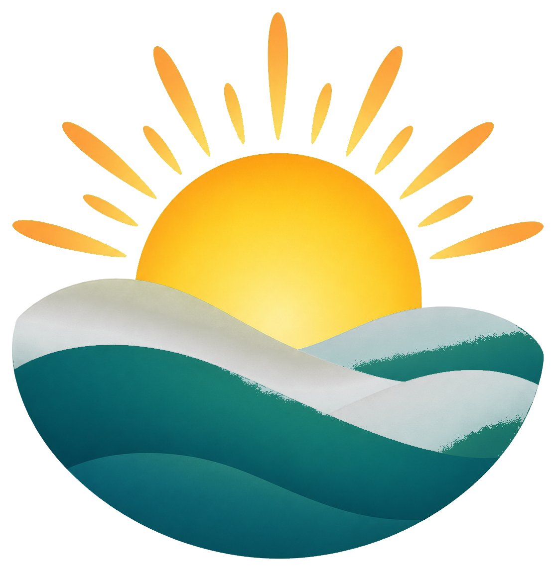 A stylized sunrise rising above layered blue green waves.