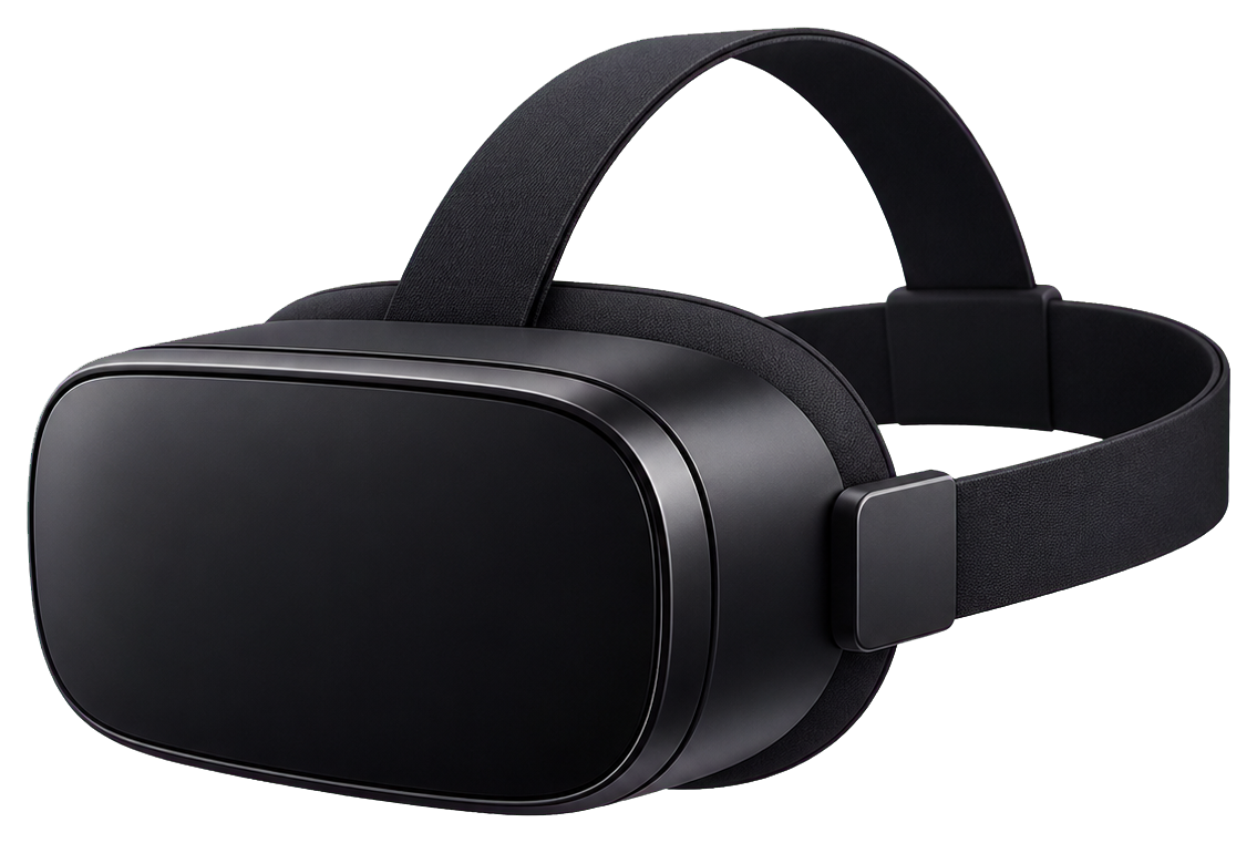 Plain black virtual reality headset with head strap and visor