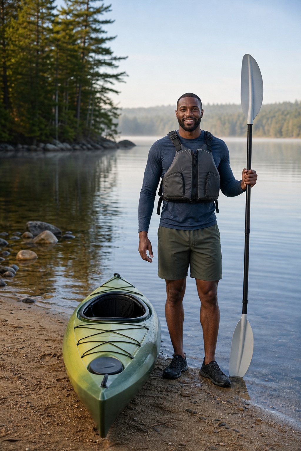 Man standing beside a kayak on a lakeshore holding a paddle vertically.