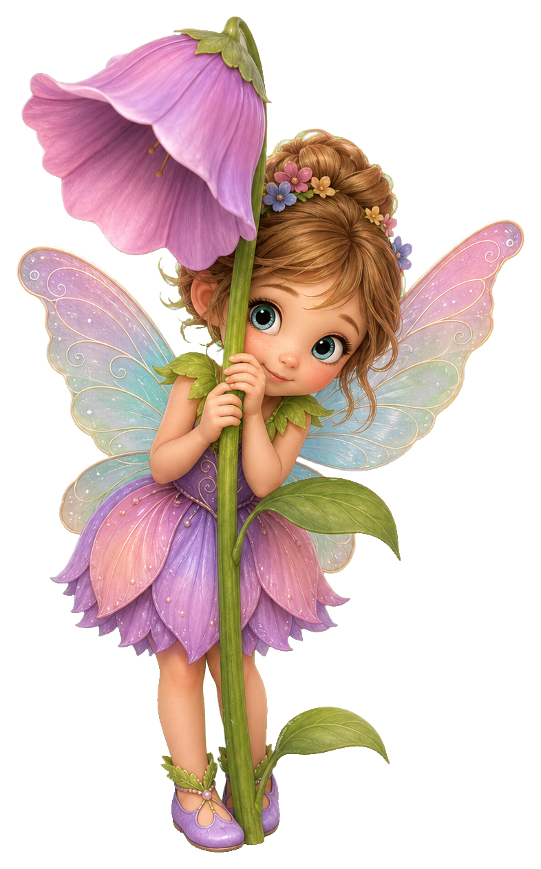 A shy little fairy peeks from behind a tall purple flower.