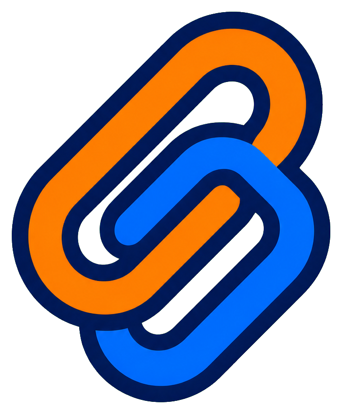 Two linked paper clips, one orange and one blue, on a transparent background.