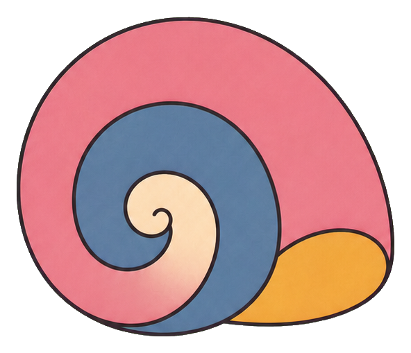 Minimal spiral seashell with pink, blue, and yellow sections
