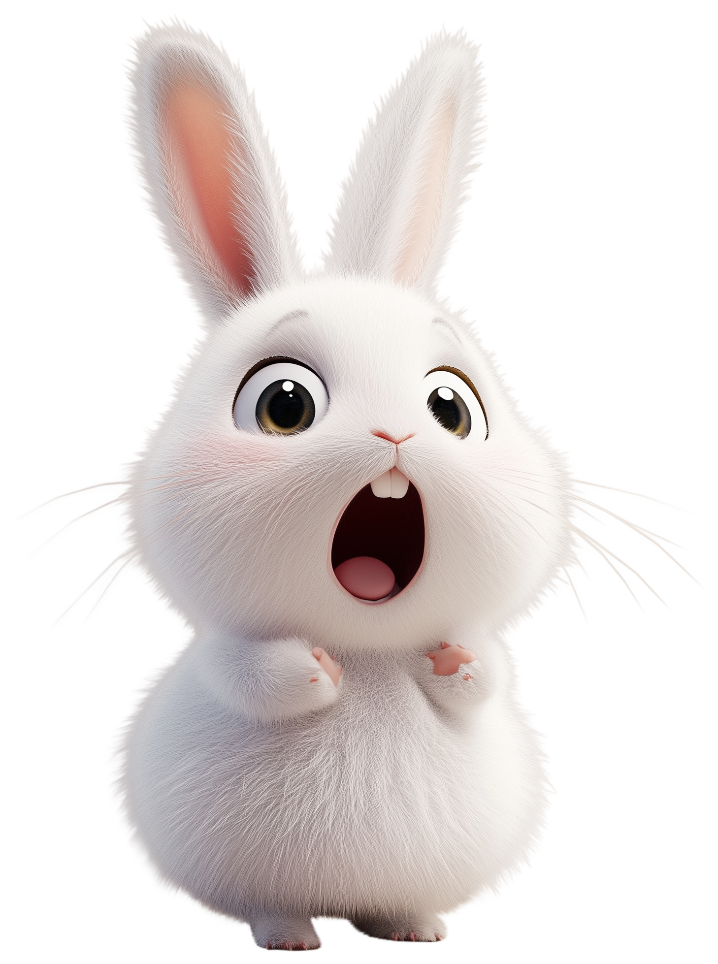 Cute white cartoon rabbit with open mouth and raised paws