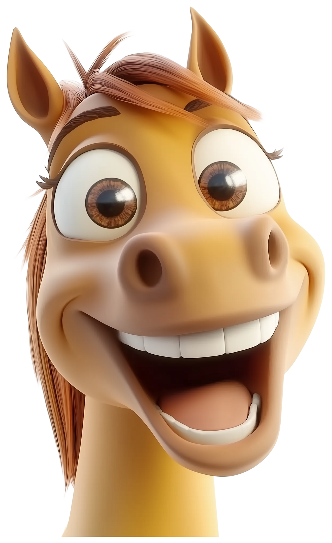 Smiling cartoon horse head with brown mane and open mouth