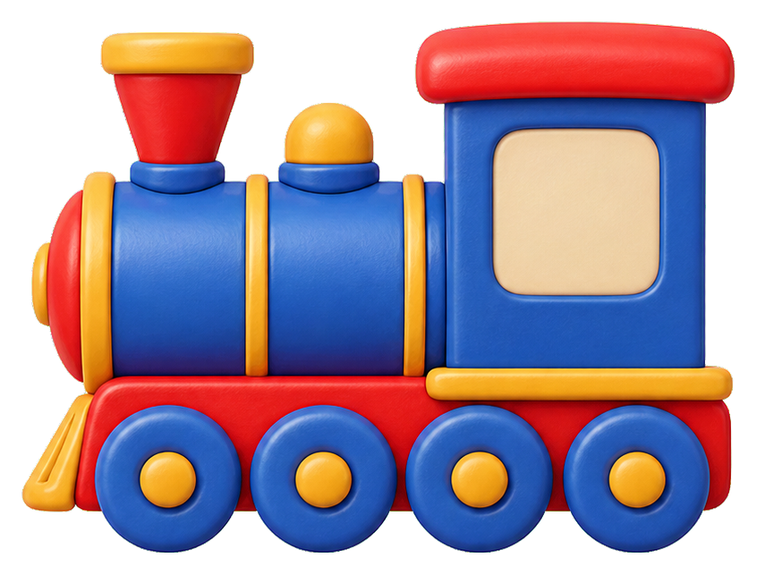 Colorful toy locomotive with blue body, red accents, and orange wheels