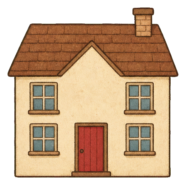 Cream farmhouse house sticker with brown roof, red door, and two windows