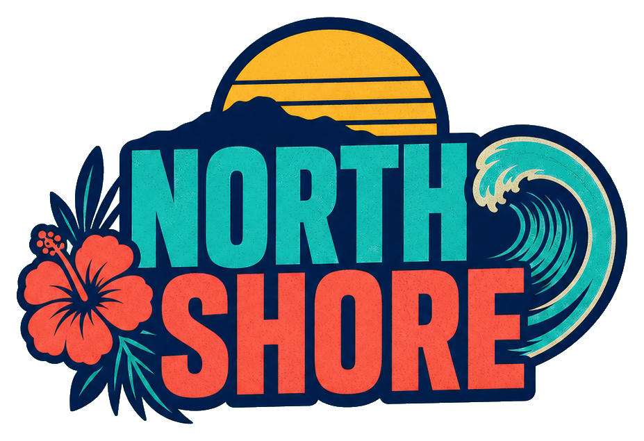 Retro North Shore text sticker with wave, sunset, and hibiscus design