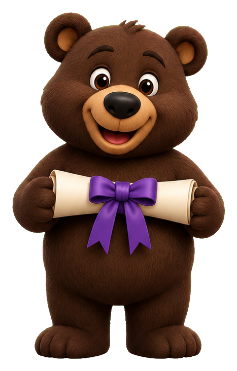 Brown bear holding a rolled diploma tied with a purple ribbon.