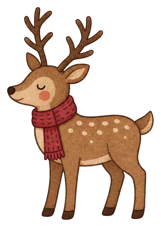 Brown deer wearing a cranberry scarf with antlers and closed eyes