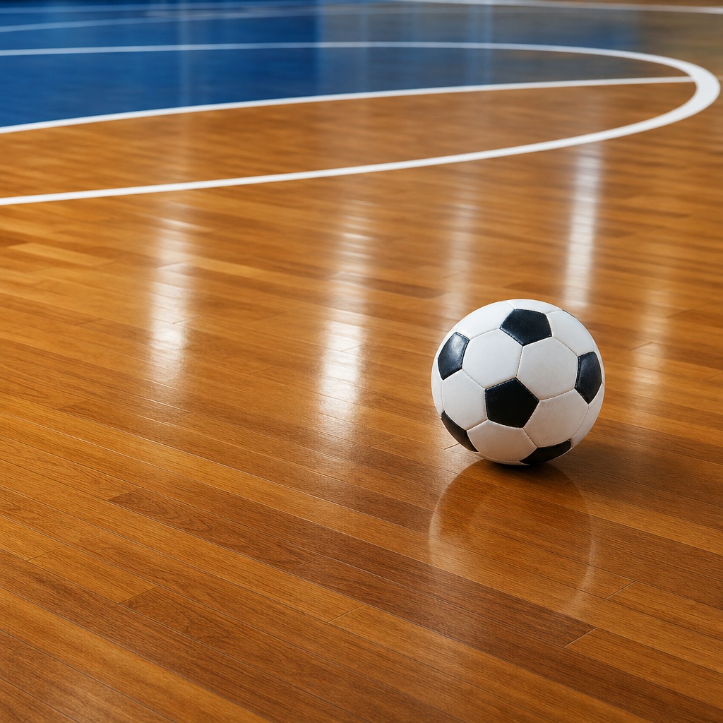 Soccer ball on a polished indoor wooden court with white boundary lines