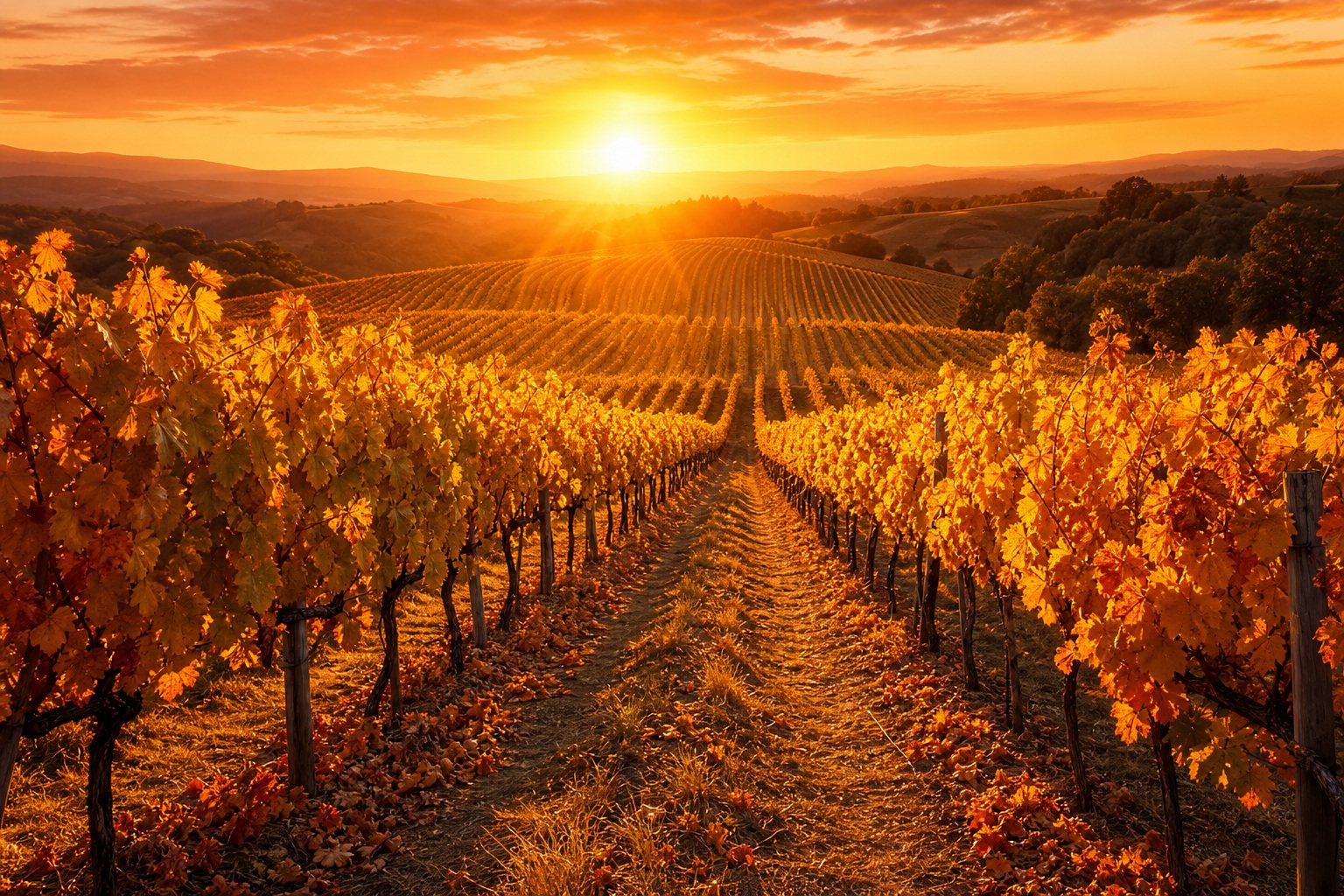 Sunset over vineyard rows with golden autumn vines and warm orange light