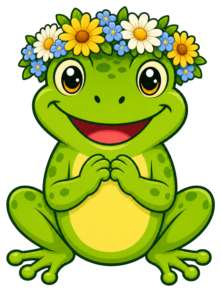 Cute green frog wearing a flower crown and smiling with hands together.