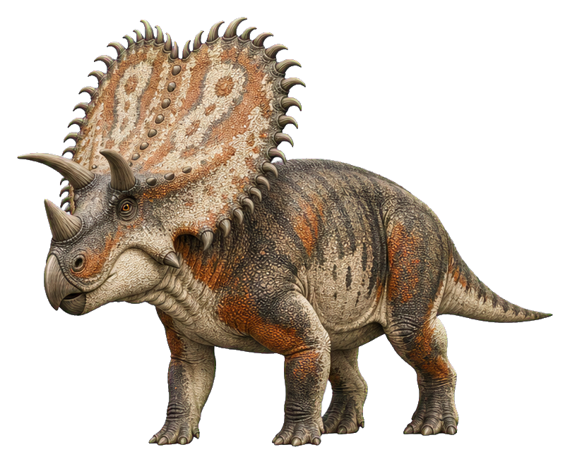 Realistic Kosmoceratops dinosaur with a large ornate frill and horns, standing in profile.