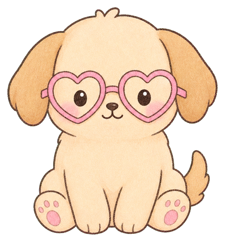 Cute cream puppy wearing pink heart-shaped glasses and sitting with visible paw pads.