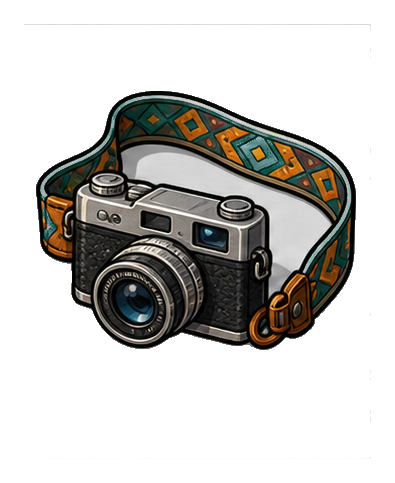 Illustrated vintage camera with a patterned camera strap on a transparent background.