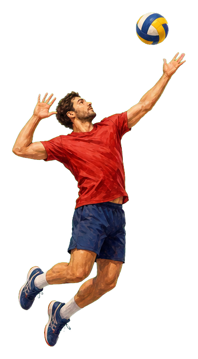 Volleyball player in red shirt jumping to serve a volleyball