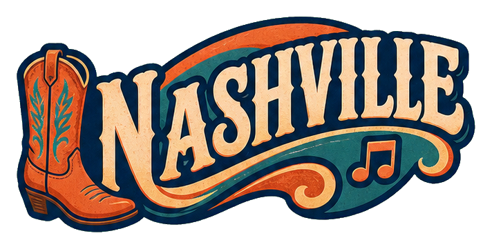 Retro Nashville word art with a decorative boot and music notes.