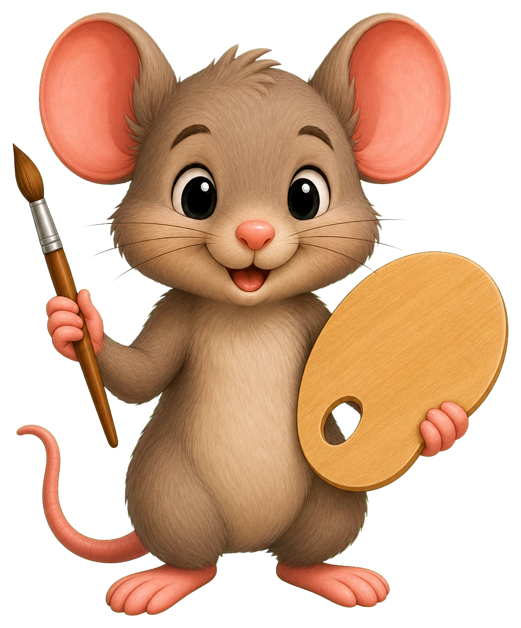 A cute mouse holding a paintbrush and palette