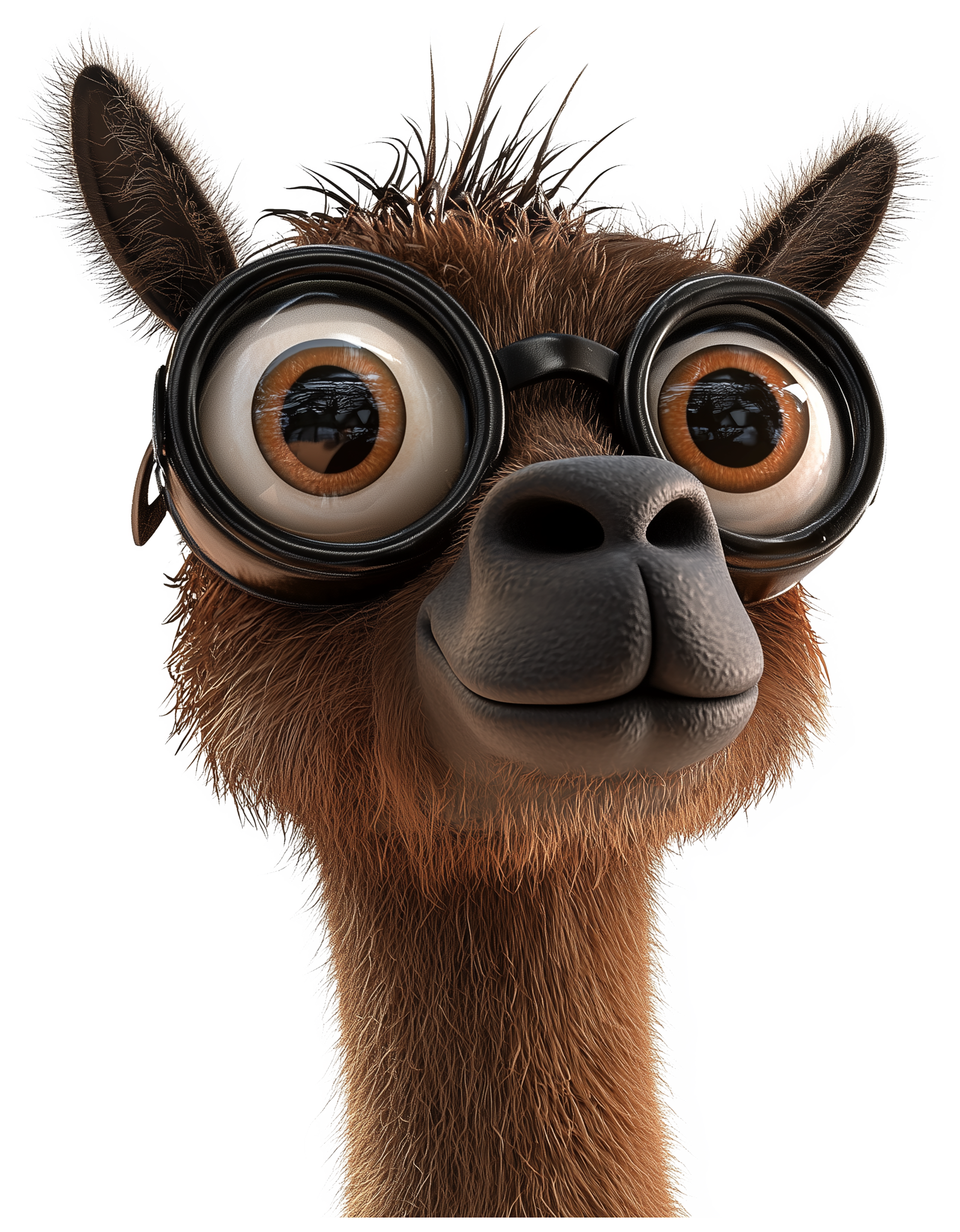 A 3D llama head wearing large goggles and looking forward.