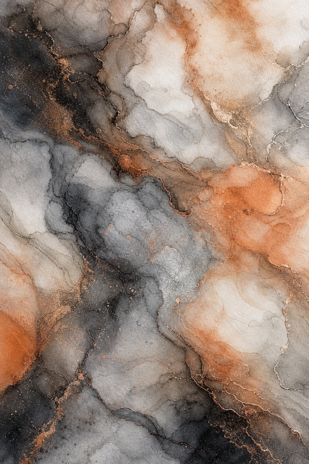 Abstract marbled paper with charcoal gray, copper, and cream watercolor veining