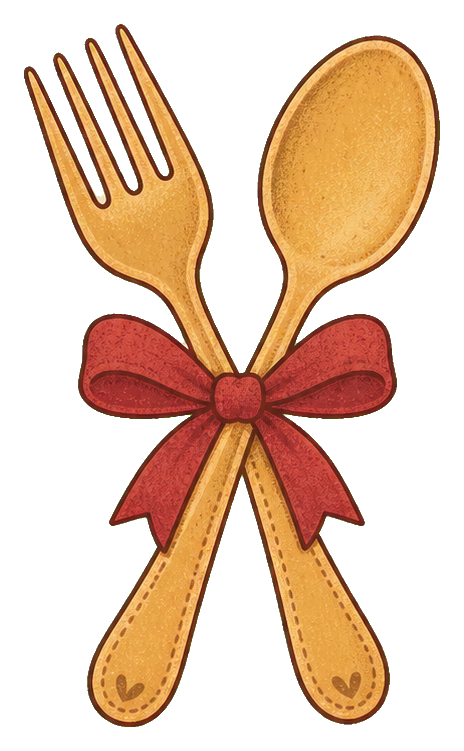 Muted gold fork and spoon crossed with a red bow in a folk art style.