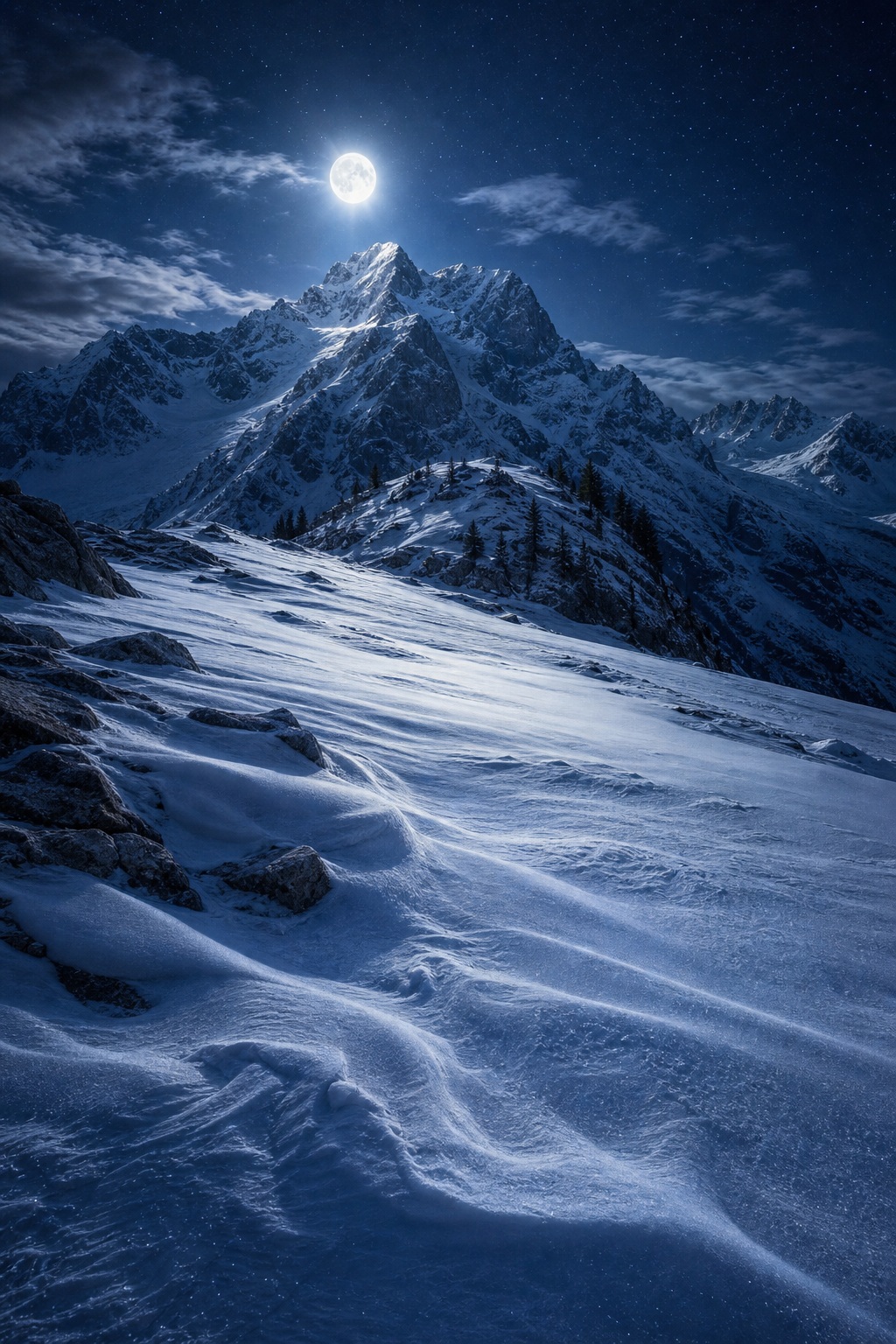 Moonlit snowy mountain peak above a glowing snowfield under a clear night sky