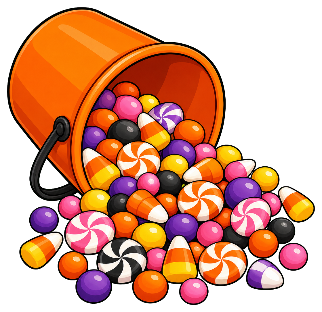 Orange bucket tipped over and spilling colorful Halloween candies