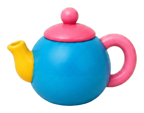 Colorful toy tea kettle with blue body, yellow spout, and pink handle and lid.