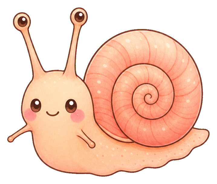 Cute pastel garden snail with a spiral shell and smiling face