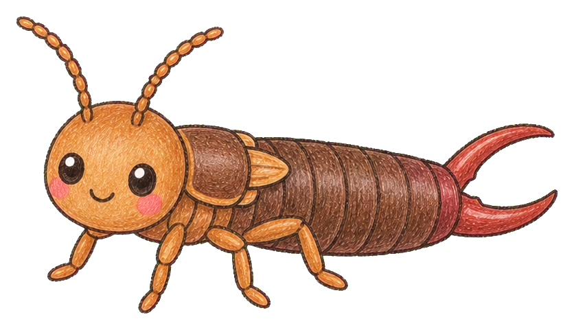 Cute cartoon earwig with a smiling face and curled tail