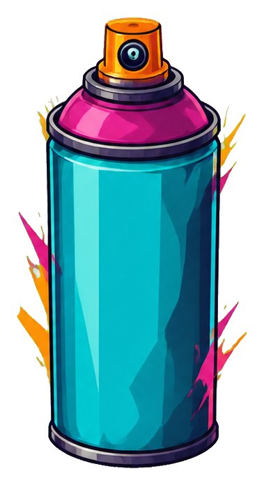 Colorblock spray can with teal body, magenta cap, and bright street art accents