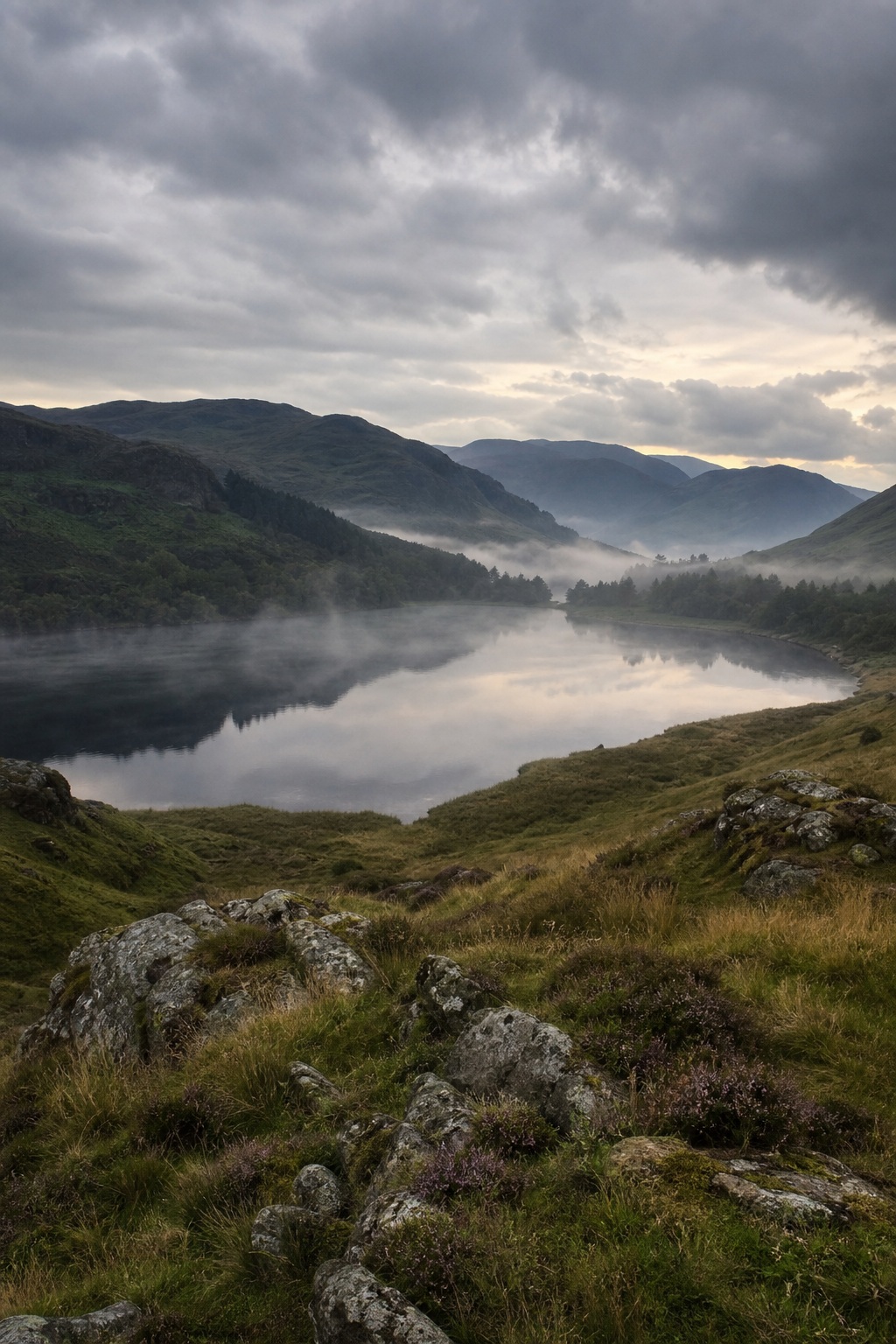 Preview for Cloudy Dusk Misty Lake Valley Background