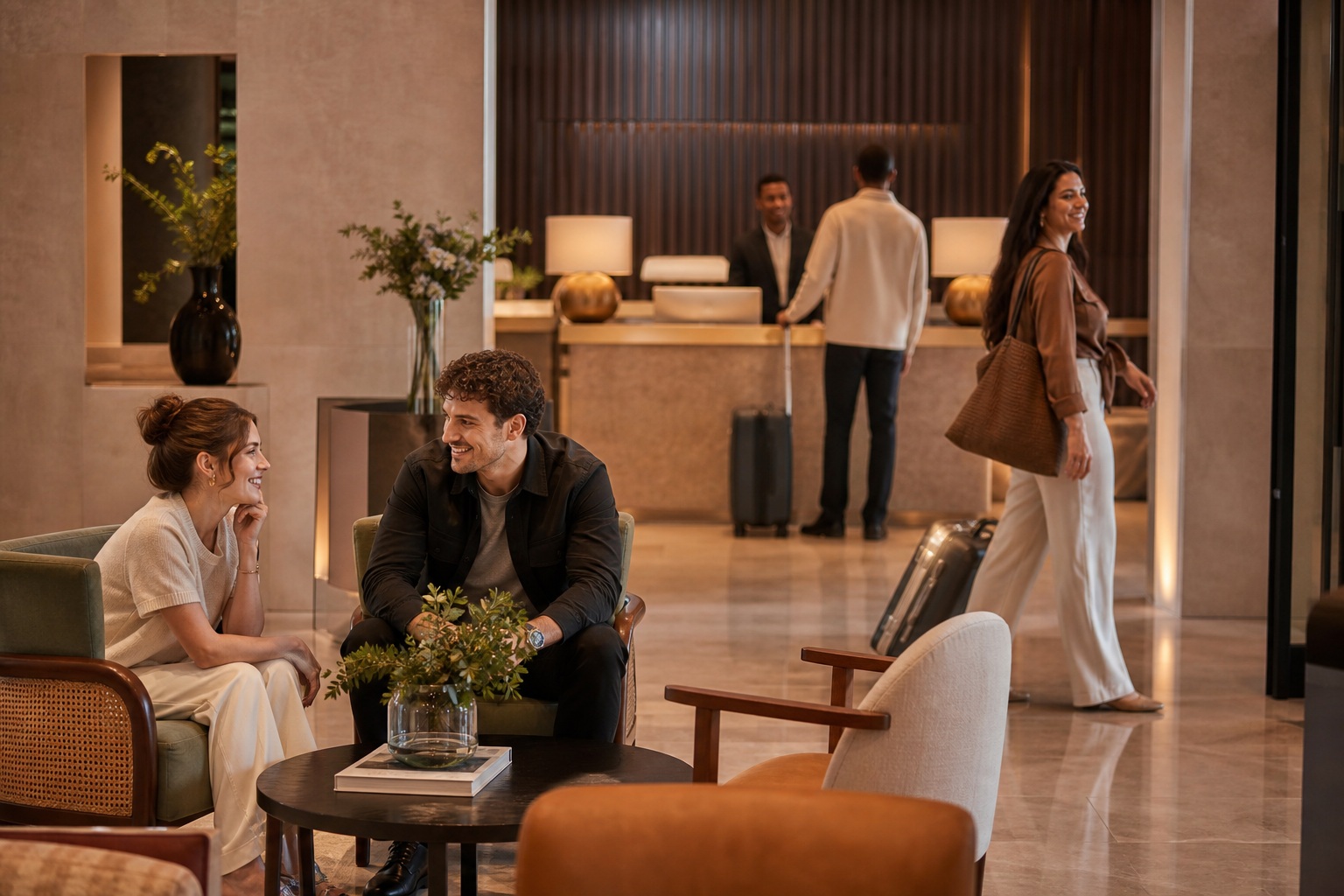 People standing and sitting in a warm, stylish hotel lobby with modern seating.
