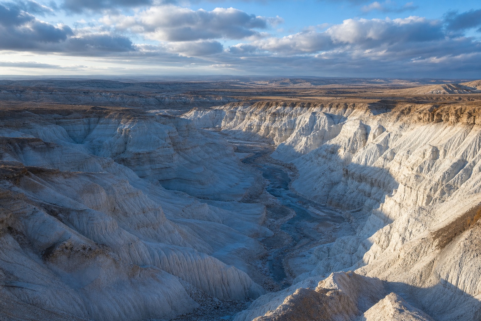 Aerial view of a dramatic white chalk ravine in a vast desert landscape.