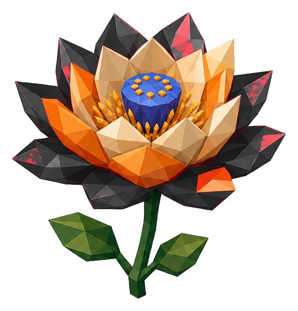 Faceted low poly rose lotus flower with orange petals and green stem