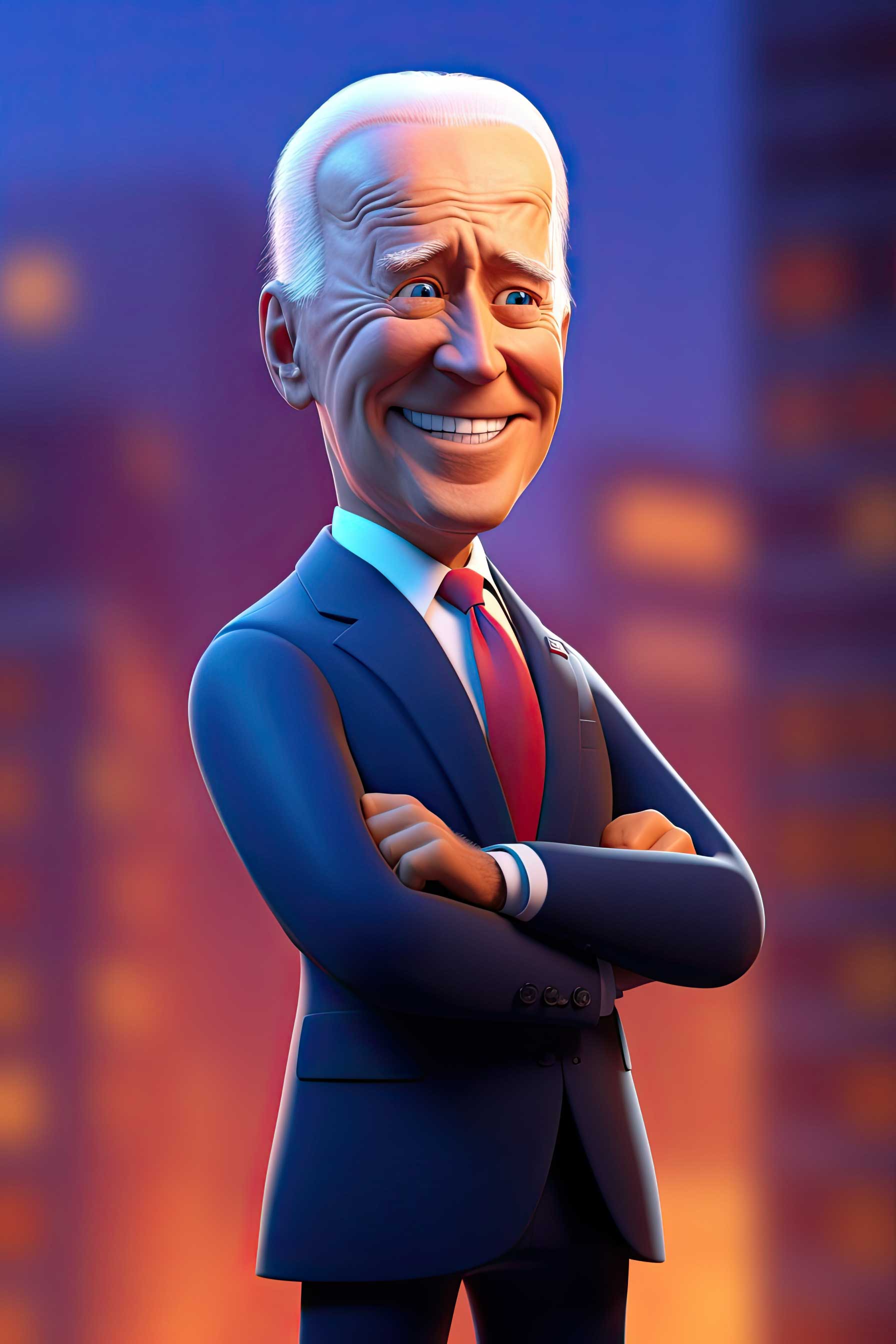 3D cartoon illustration of Joe Biden in a blue suit and red tie