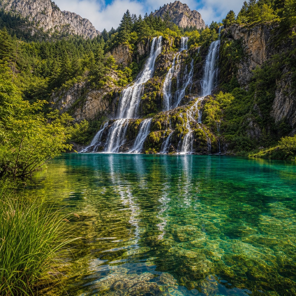 Mountain waterfall flowing into a clear lake with reflected peaks and green shoreline grass