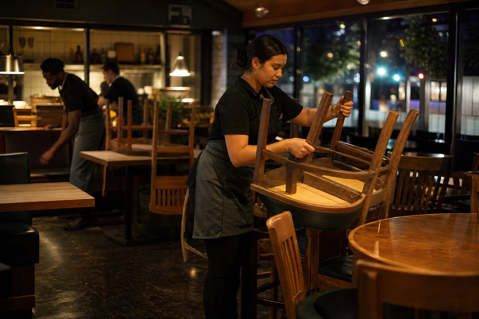 Restaurant worker closing tables during a late-night shift in a dimly lit dining room.