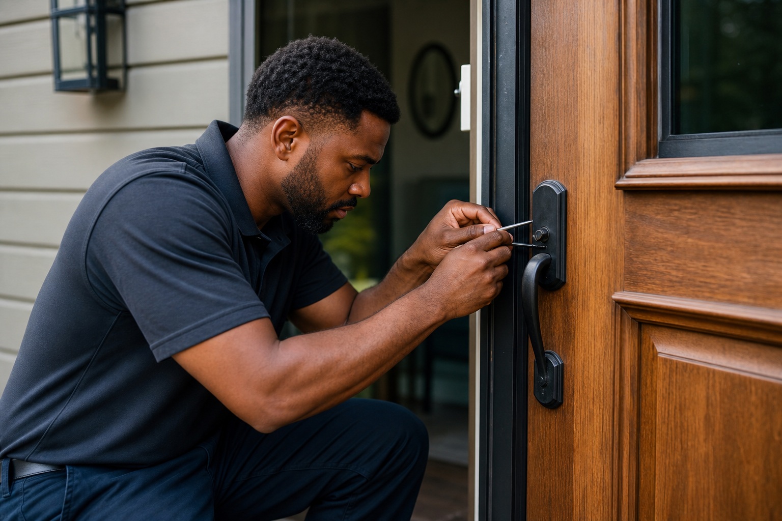 Man using a small tool to repair a front door lock.